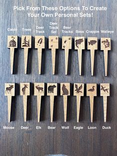 several wooden pegs with animals on them and the words pick from these options to create your own personal sets