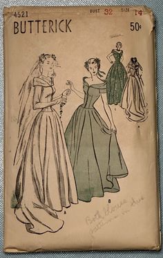 an old fashion book with two women in dresses and one is wearing a wedding dress