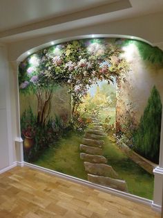 a painting on the wall of a room with steps leading to a garden and flowers