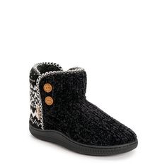 Keep warm and cozy with MUK LUKS Women's Chenille Booties. Slip into comfort with the soft faux shearling lining and chenille knit. Show your style with the patterned back and button embellishments. The durable slip-resistant sole makes it easy to transition from indoor into outdoor. This bootie will become a go-to on those cold fall and winter days or nights. Comes in Women's sizes small (5/6), medium (7/8), large (9/10) and extra-large (11/12). Available in classic black color. Size: 9-10.  Gender: female.  Age Group: adult. Button Embellishments, Sweater Boots, Western Cowboy Boots, Winter Days, Cozy Sweaters, Cowgirl Boots, Fall And Winter, Keep Warm, Womens Slippers