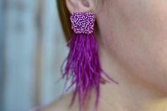 "Real feather tassel earrings Statement embroidered purple plum bridesmaid gift earrings High quality beadwork jewelry Festival fashion ♡I promise that you will always be in the spotlight with such earrings!♡ Length: about 4 inches (10 cm) They are very light! ❤ CUSTOM ORDERS It is ABSOLUTELY HANDMADE . So if you like this item in a different color or size, send me a message please. I will send you a link for a \"custom order\" and you'll be able to place the order there. Please feel free to com Handmade Tassel Earrings For Wedding, Purple Beaded Earrings With Tassels For Gift, Elegant Purple Tassel Earrings For Party, Gift Purple Tassel Earrings With Dangling Beads, Purple Fringe Beaded Earrings As Gift, Elegant Pink Fringe Beaded Earrings, Purple Fringe Tassel Earrings Gift, Purple Fringe Beaded Earrings For Gift, Purple Bohemian Tassel Earrings For Party