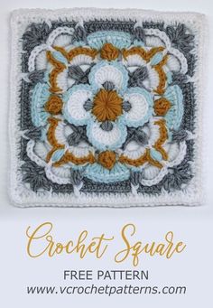 the crochet square is shown with an orange and white flower