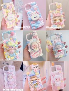 several pictures of different cell phones with cute animals on them, all in pastel colors