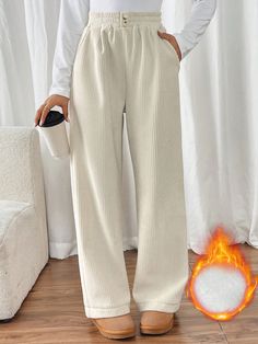 Women's Thick Fleece Lined Corduroy Casual Pants, Autumn/Winter Apricot Casual   Fabric Plain Straight Leg Non-Stretch  Women Clothing, size features are:Bust: ,Length: ,Sleeve Length: Warm Pants, Knitted Bodycon Dress, Straight Pants, Maternity Bag, Kids House, Womens Scarves, Kid Shoes, All Fashion, Women Clothing