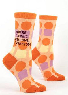 Funny swear word socks for women feature geometric shapes and the words, You're fucking welcome, everybody! Blue Q Socks, Quirky Dress, Humanitarian Work, Mod Print, Blue Q, Comfy Socks, Women Crew Socks, Sock Game, Women's Socks