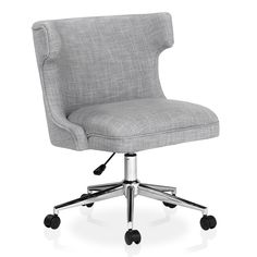 Right angled light gray and chrome wingback office chair on a white background Tufted Office Chair, Contemporary Office Chairs, Adjustable Office Chair, Office Color, Office Chair Cushion, Swivel Chair Desk, Modern Office Chair, Swivel Office Chair, Office Desk Chair