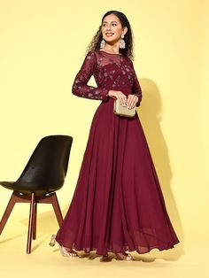 Maroon floral embroidered fit and flare Ethnic DressRound neckLong, regular sleevesSequined detailMaxi length in flared hemGeorgette fabric Dresses Xxl, Ethnic Dress, Anarkali Suit, Georgette Fabric, Festival Wear, Fit & Flare, Lehenga, Fit And Flare, Dresses For Sale