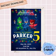 the pj masks birthday party poster is displayed on a tile wall with an ad for it