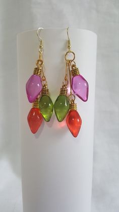 Add some holiday cheer to that office party, family gathering,  or crazy sweater party with these de"light" full earrings. Fun Gold Jewelry For Party, Green Earrings For Holiday Parties, Multicolor Earrings For Holiday Gifts, Green Jewelry For New Year Party, Green Jewelry For New Year's Party, Holiday Multicolor Earrings Perfect For Gifts, Holiday Multicolor Earrings As Gift, Christmas Party Dangle Jewelry, Handmade Holiday Earrings For Party