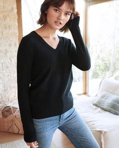 The classic cashmere v-neck sweater is timeless. Made from the finest Grade A cashmere, it's an essential that should be everyone's closet. Lightweight, soft and cozy, it's perfect for just about any time of year and occassion.  | Quince | Women's Mongolian Cashmere V-Neck Sweater in Black, Size Small Classic Cashmere V-neck Sweater For Fall, Black Cashmere V-neck Top, Classic Cashmere V-neck Sweater In Soft Knit, Classic Cashmere V-neck Sweater With Soft Knit, Black Cashmere V-neck Casual Sweater, Elegant Soft Knit Cashmere V-neck Sweater, Black Cashmere Casual V-neck Sweater, Elegant Black Cashmere V-neck Sweater, Classic Cashmere V-neck Sweater