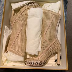 Fendi Raffia Woven Zip Bootie Designer Beige Boots For Evening, Designer Spring Boots, White Heeled Boots, Fendi Boots, Fendi Monster, Leather Biker Boots, Fendi Shoes, White Heels, Biker Boots