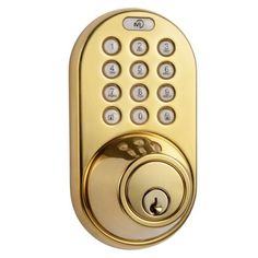 a golden electronic door lock on a white background with the keypad open and it's reflection in the foreground