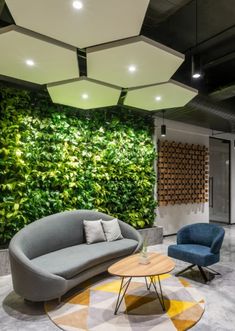 a living room with two couches and a coffee table in front of a green wall