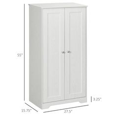 a tall white cabinet with two doors and measurements