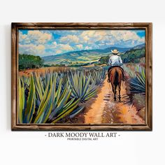 a painting of a man riding on the back of a horse down a dirt road