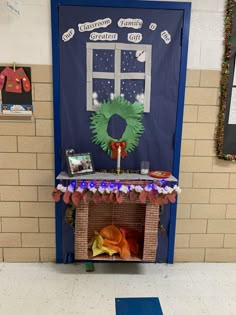 a door decorated with a wreath and other decorations in front of a fire place on the floor