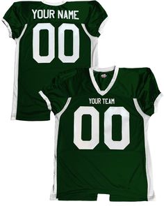 Expertly tailored football jersey, designed for optimal fit with padding and ample room for movement. Extra length ensures secure tucking. Ideal for competitive play or showing support for your local team or favorite player. Customized with your Team Name, Player Name and Number1. Front Name: 2. Back Name: 3. Front & Back Number: If you would like a color or type style other than the default color shown please indicate what type style & color: Choose from 18 Lettering Colors. If you want a lette Green Jersey For Sports Season, Fitted Green Jersey For Sports Season, Green Fitted Sports Jersey, Fitted Football Season Jersey, Fitted College Jersey With Team Name, Fitted Jersey For Football Season Team Events, Team-colored Fitted Jersey For Sports Season, Fitted Jersey For Game Day With Team Spirit, Fitted Team-colored Jersey With Moisture-wicking