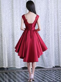 Satin High Low Handmade Party Dress, Homecoming Dresses 2019 on Luulla Red A-line Satin Dress For Prom, Knee-length Satin Dress For Homecoming, Red Satin Dress For Banquet, Red Satin A-line Dress, Red Sleeveless Satin Dress For Prom Season, Red Sleeveless Satin Dress For Prom, Elegant Red Satin Dress For Cocktail, Red Satin Sleeveless Dress, Red Fitted Satin Dress For Prom