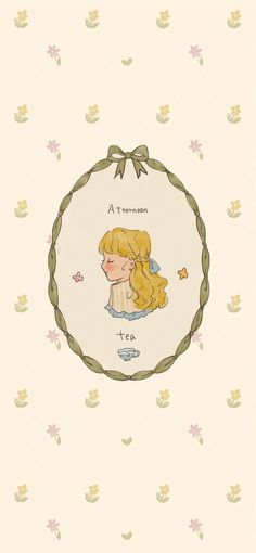 a drawing of a girl with blonde hair in a circle frame on a floral background