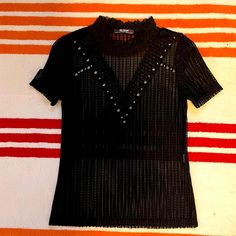 Zara Black Top High Neck With Studs Nwot Never Worn And Perfect Condition! See Through Style Edgy Black T-shirt For Party, Fitted Black T-shirt For Party, Elegant Black Short Sleeve Mesh Top, Black T-shirt For Fall Party, Black Party T-shirt For Fall, Black Short Sleeve Mesh Top For Night Out, Black Stretch T-shirt For Party, Elegant Black T-shirt For Night Out, Zara Black Short Sleeve Blouse