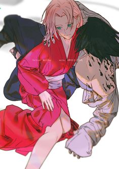 two anime characters in red and black outfits, one holding the other's head