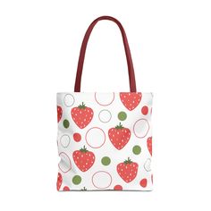 This playful bag features an eye-catching red strawberry design, adding a touch of fun to your everyday routine. Perfect for any adventure, this tote is sure to be your new favorite accessory. Available in 3 sizes to add both functionality and style, these tote bags come with multiple handle colors to match your designs. Made with spun polyester, these bags feature double-stitched seams, cotton webbing straps, and nonwoven laminate lining for high-end durability. .: Made with 100% polyester, a m Trendy Red Canvas Bag With Double Handle, Trendy Red Double Handle Canvas Bag, Trendy Red Canvas Bag For Shopping, Cute Red Bags For Everyday Use, Red Tote Canvas Bag For School, Trendy Red Canvas Gift Bag, Cute Red Shoulder Bag, Playful Large Capacity Bags For Everyday Use, Playful Large Capacity Everyday Bag