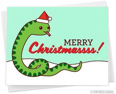 a christmas card with a green snake wearing a santa hat and the words merry christmas