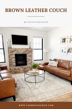 a living room with brown leather couches and a white rug on the hardwood floor