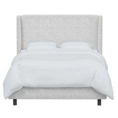 a bed with white linens and pillows on top of the headboard, in front of a white background