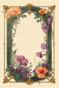 an ornate frame with flowers and leaves on the edges is shown in purple, orange and yellow