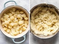 two pictures showing how to make mashed potatoes