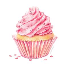 a cupcake with pink frosting and sprinkles on the top is shown