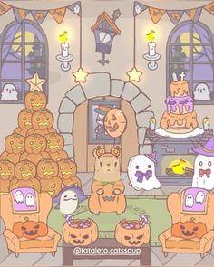 an animated halloween scene with pumpkins, cats and ghostes in the living room