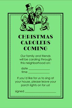 christmas carolers coming flyer with an image of two men and a woman in top hats