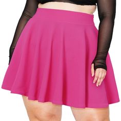 Look your best this season with this stylish high waisted skater skirt! This plus size skirt features a classic rose pink hue with a flattering fit. Pink Stretch Mini Skirt, Pink Stretch Mini Skort, Pink Stretch Mini Length Skort, Stretch Full Mini Skirt With Lining, Pink Stretch Short Skirt, Pink Stretchy Pleated Mini Skirt, Pink Stretch Pleated Mini Skirt, Pink Lined Flared Tennis Skirt, Stretch Pink Pleated Mini Skirt