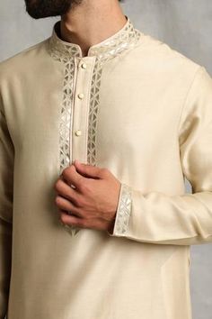 Shop for Gargee Designers Gold Chanderi Geometric Applique Kurta Set for Men Online at Aza Fashions Applique Kurta, Geometric Applique, Applique Work, Gold Geometric, Buy Gold, Churidar, Kurta Set, Floral Applique, Full Sleeves