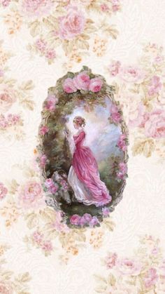 a painting of a woman in a pink dress with flowers on the wall behind her