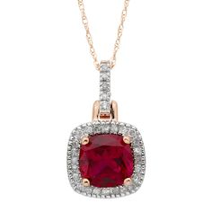 "This product may experience shipping delays beyond promise date expressed at check out and email.A lab-created ruby gemstone surrounded by shimmering diamonds gives this halo pendant unsurpassed beauty. A lab-created ruby gemstone surrounded by shimmering diamonds gives this halo pendant unsurpassed beauty. NECKLACE DETAILS Chain type: rope Packaging: boxed Pendant size: .75"" x .40"" 10k gold Length: 18-inch Clasp: spring-ringSTONE DETAILS Weight: 1/8 ct. Stone: Lab-Created Ruby Shape: Cushion Fine Jewelry Ruby Diamond Necklace Brilliant Cut, Red Diamond Cut Necklace For Formal Occasions, Formal Red Diamond Cut Necklace, Red Gemstone Diamond Necklace For Formal Occasions, Classic Necklace With Lab-created Ruby, Red Diamond Cut Diamond Necklace, Red Diamond Cut Diamond Necklaces, Red Diamond Cut Necklace, Formal Red Gemstone Diamond Necklace