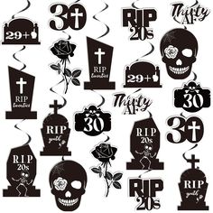 PRICES MAY VARY. Black 30th Birthday Hanging Decorations: the birthday hanging swirl decorations adopt 30th birthday themed elements, mainly using black colors, which is dark and cool, creating an elegant and aesthetic theme, a nice way for you to celebrate your new chapter in adult life Quality and Reliable Material: the death to my youth 30th birthday decorations are made up of quality foil, cardboard cards and card paper with delicate double sided printing, which is not easy to fade or deform 20s Decorations, Rip To My 20s, Twenties Birthday, 20s Party Decorations, 30th Birthday Party Themes, 30th Bday Party, 30th Birthday Themes, My Twenties, 30th Birthday Decorations