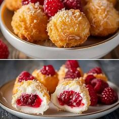 two pictures side by side with raspberry pastries in the middle