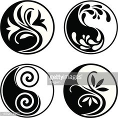 four black and white symbols with flowers in the shape of yinshus on a white background