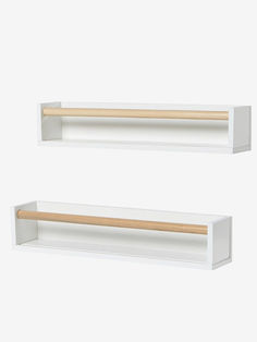 two white floating shelves with wood top and bottom shelf, one on the left and the other on the right