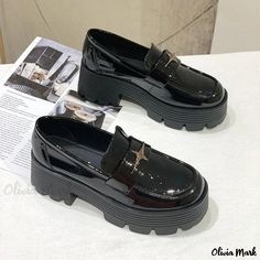 Olivia Mark - Elevated Black Formal Loafers with Thick Soles, Rounded Toe, and Slip-Resistant for Men Black Formal Shoes, Mens Black Dress Shoes, Black Leather Dress Shoes, Rough Heels, Black Leather Dresses, Formal Loafers, Black Formal, Black Leather Loafers, Leather Dress Shoes