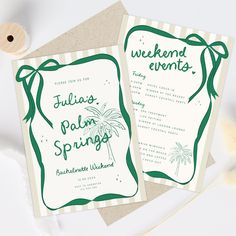 two green and white cards with palm trees on them