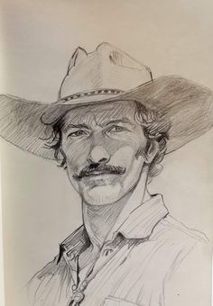 a drawing of a man wearing a cowboy hat and looking at the camera with his eyes closed