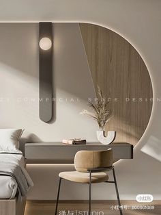 a bed room with a neatly made bed next to a desk and mirror on the wall