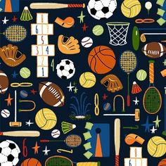 an image of sports themed items on a dark blue background with stars and sparkles