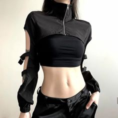 Black Gothic Style High Collar Crop Jacket - Vedlit Luxury Edgy Tops For Streetwear, Cheap Edgy Long Sleeve Crop Top, Super Cropped Jacket, Jacket Crop Top Outfit, Different Types Of Crop Tops, Black Leather Outfit Aesthetic, Techwear Female, Scifi Fashion, Cropped Jacket Outfit