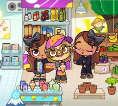 two cartoon characters standing in front of a store filled with plants and other things on shelves