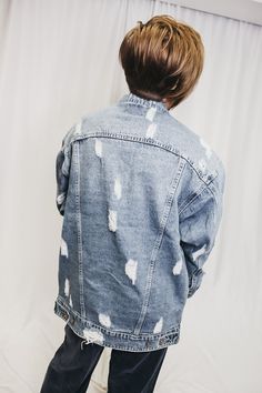 Light wash Denim jacket Oversized Button front Distressed Materials 100% Cotton Care Instructions Hand wash cold Do not bleach Lay flat to dry Do not iron Do not dry clean Oversized Light Wash Button-up Denim Jacket, Distressed Washed Blue Denim Jacket, Washed Blue Distressed Denim Jacket, Oversized Washed Denim Button-up Jacket, Oversized Faded Denim Jacket For Spring, Spring Oversized Faded Denim Jacket, Distressed Denim Outerwear With Relaxed Fit, Oversized Washed Denim Outerwear, Casual Light Wash Ripped Outerwear